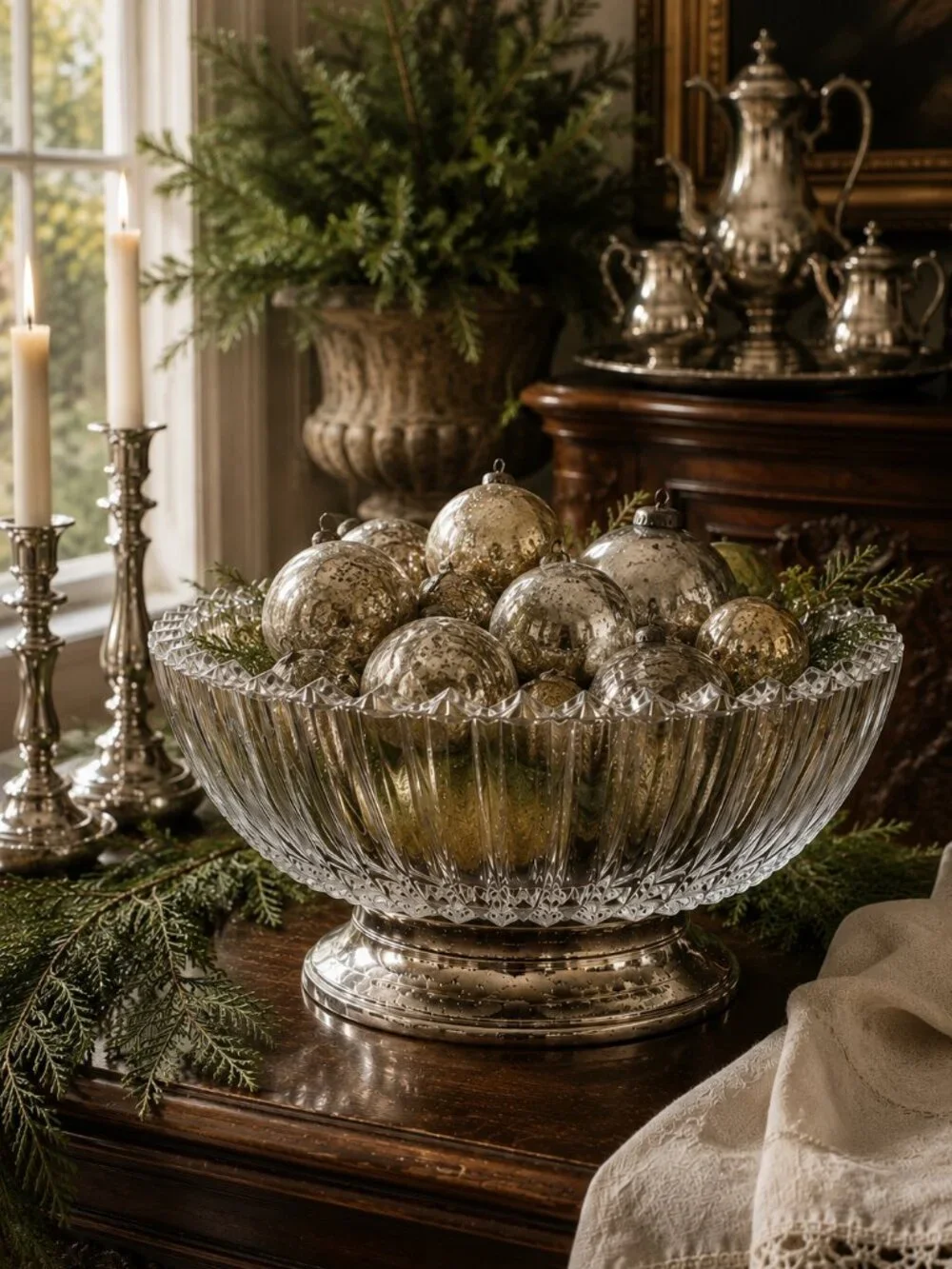 Vintage Silver Plated Footed Ribbed Glass Pedestal Serving Bowl
